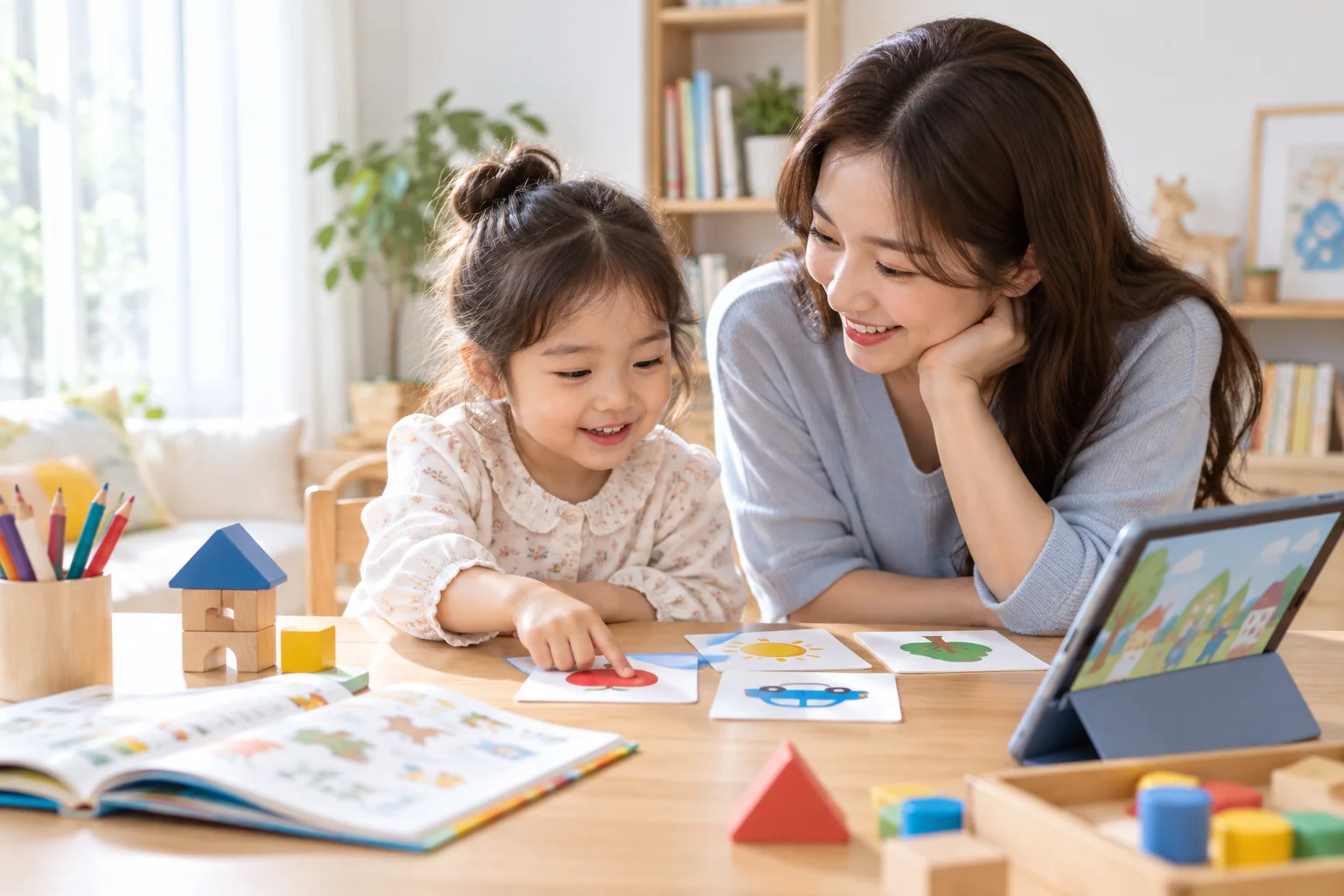 A parent and child learning together with picture cards and a tablet