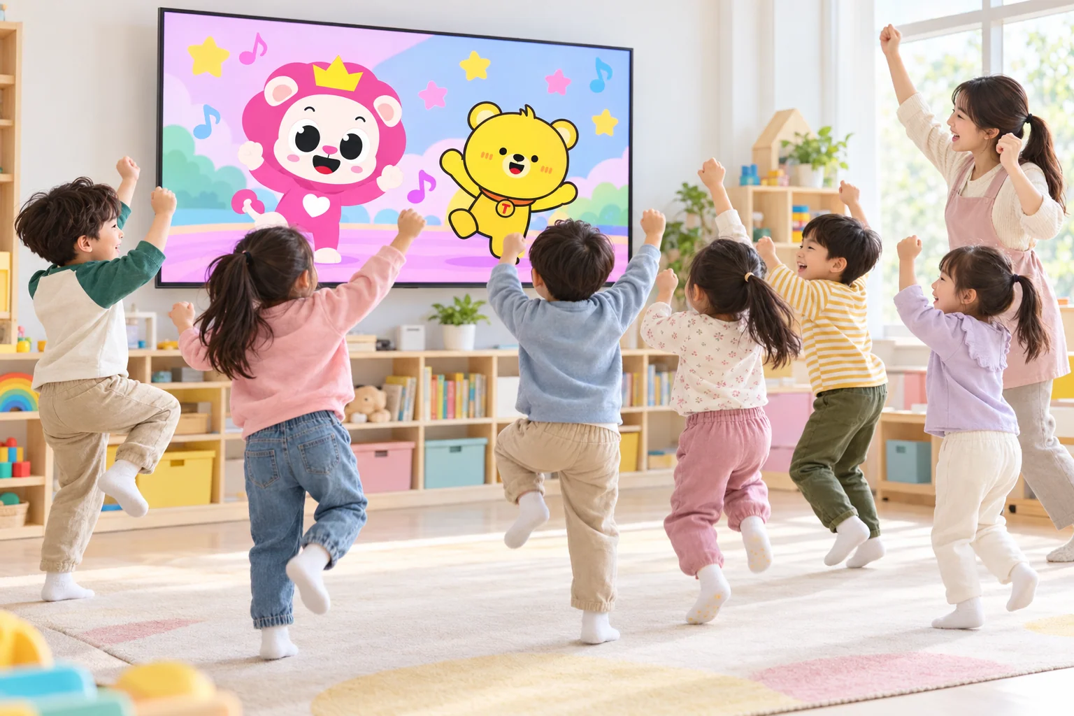 Children moving, playing and learning with KoKoPang on TV in a preschool classroom