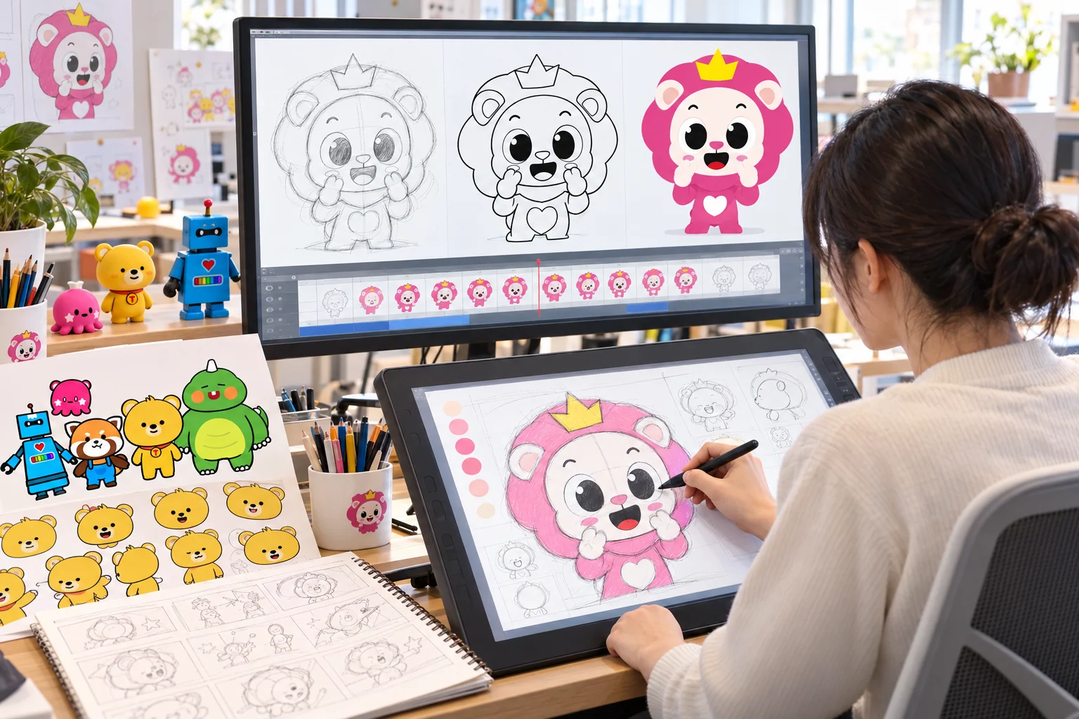 An artist developing KoKoPang character sketches, colors and animation movements